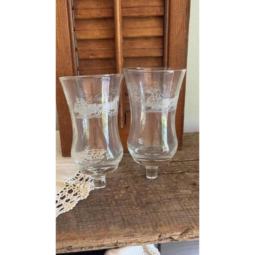Vintage Style Etched Glass Hurricane Sleigh Ride Candle Shade Set of 2 Clear